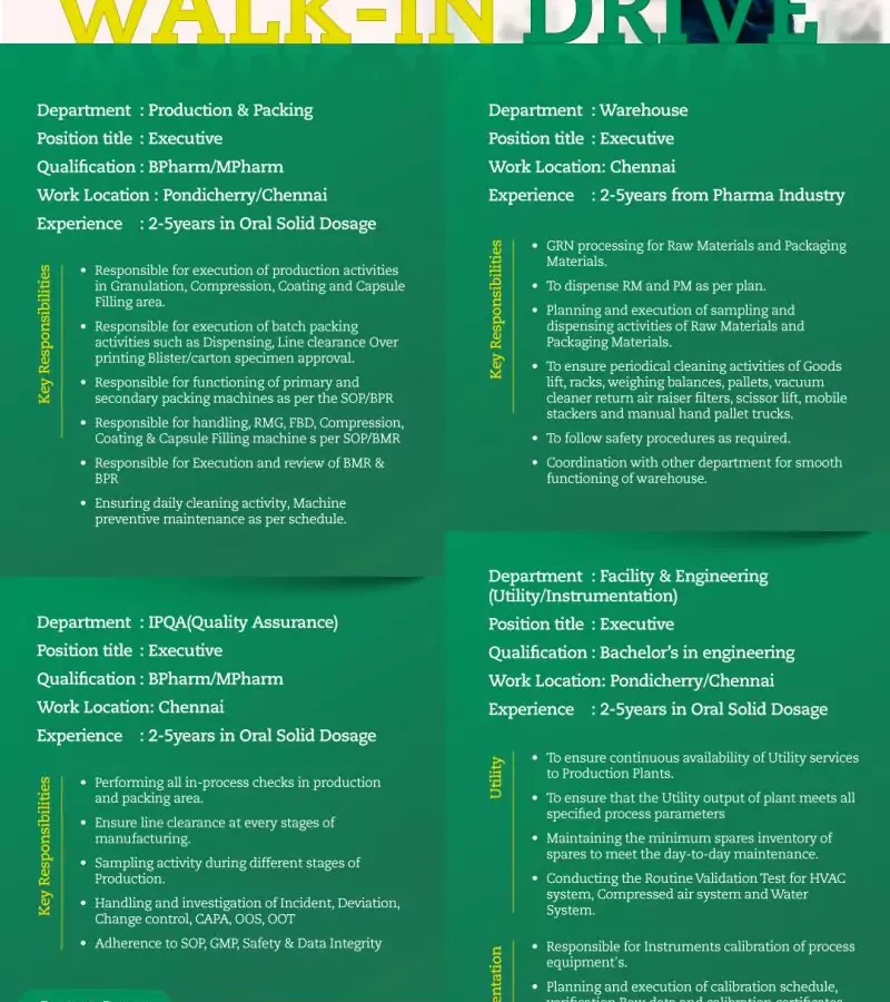 Strides Pharma Walk-in Drive Explore Career Opportunities in Production, Warehouse, QA, and Engineering