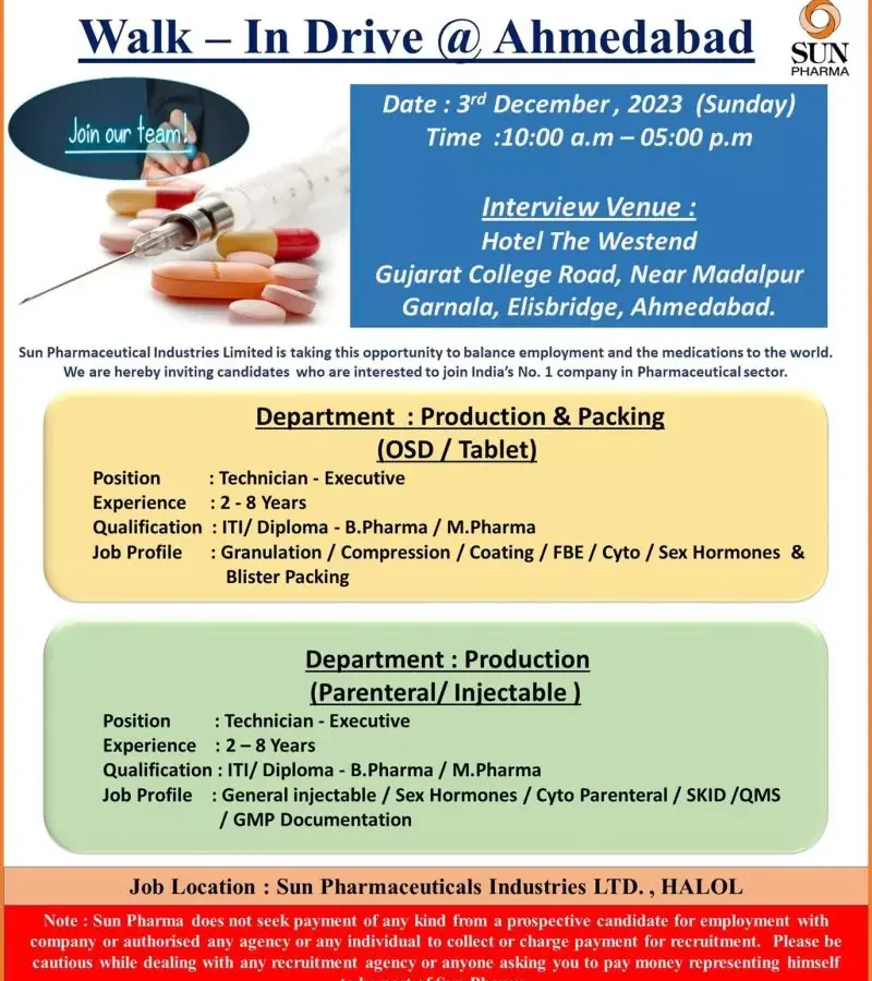 SUN PHARMA Halol Plant Jobs: Production - Manufacturing & Packing (OSD/Tablet)