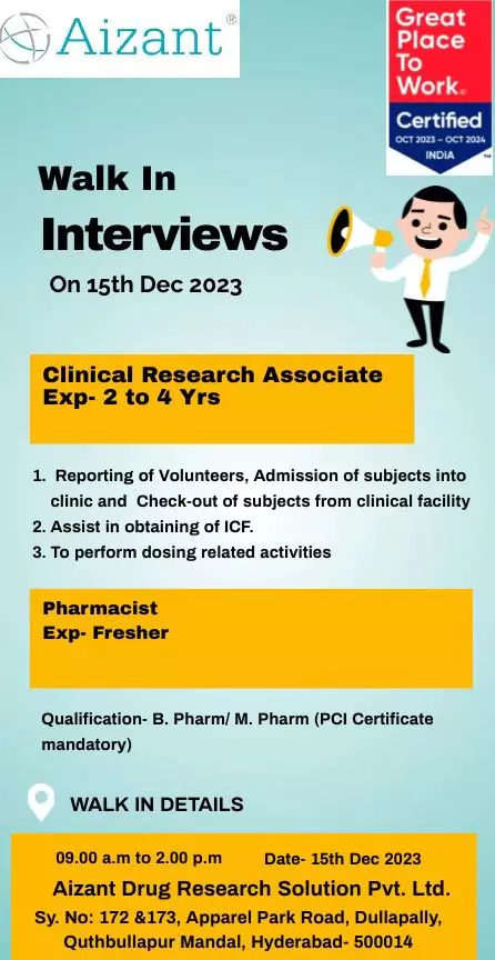 Aizant Drug Research Solution walk in Clinical Research Associate Pharmacist