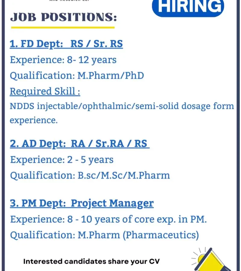 Auxilla Pharmaceuticals Hiring FD, AD, Project management Professionals