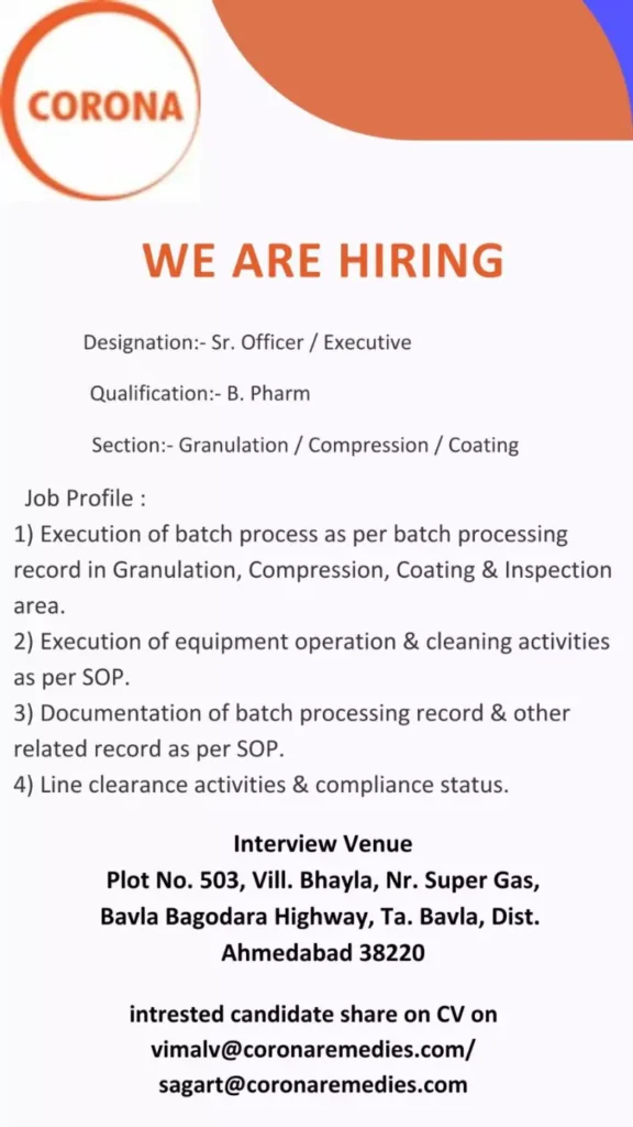 B Pharm Jobs at CORONA Remedies Apply for Sr. Officer Executive Positions