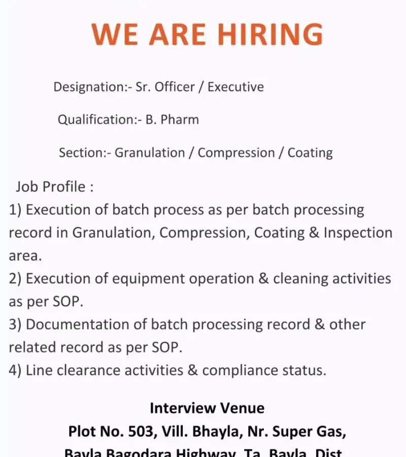 CORONA Remedies Hiring for Granulation, Compression, Coating Sr. Officer Executive