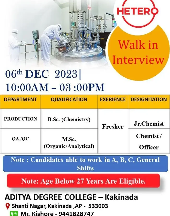 Bsc, Msc Chemistry fresher jobs at Hetero hyderabad