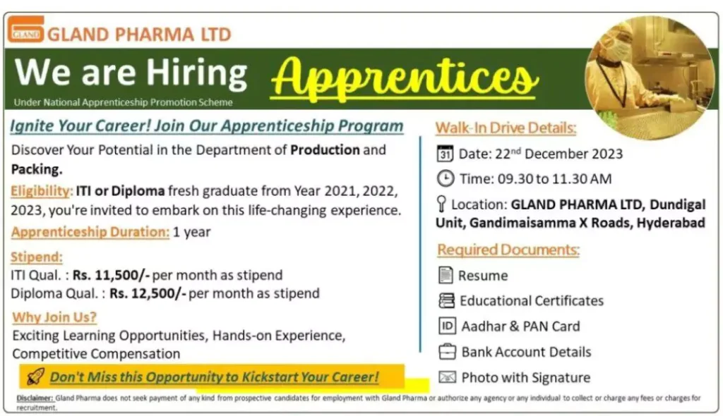 Gland Pharma Walk-In Drive NAPS Apprenticeship Scheme