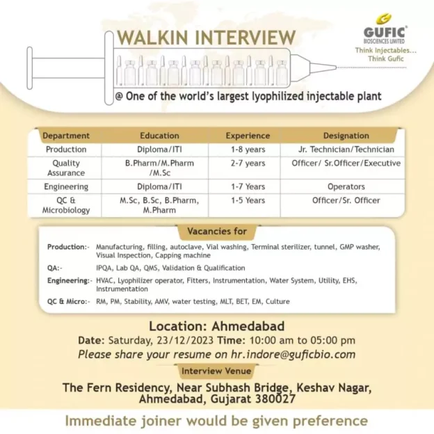 Gufic Biosciences Walk in drive for QA, QC Microbiology, Production, and Engineering Professionals