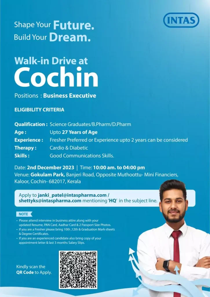 INTAS Walk-in Drive for B Pharm, D Pharm Science Graduates in Cochin Business Executive