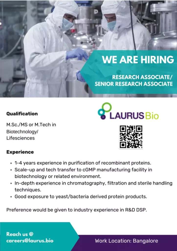 Laurs Bio Hiring BiotechnologyLifesciences Candidates as Research AssociateSenior Research Associate