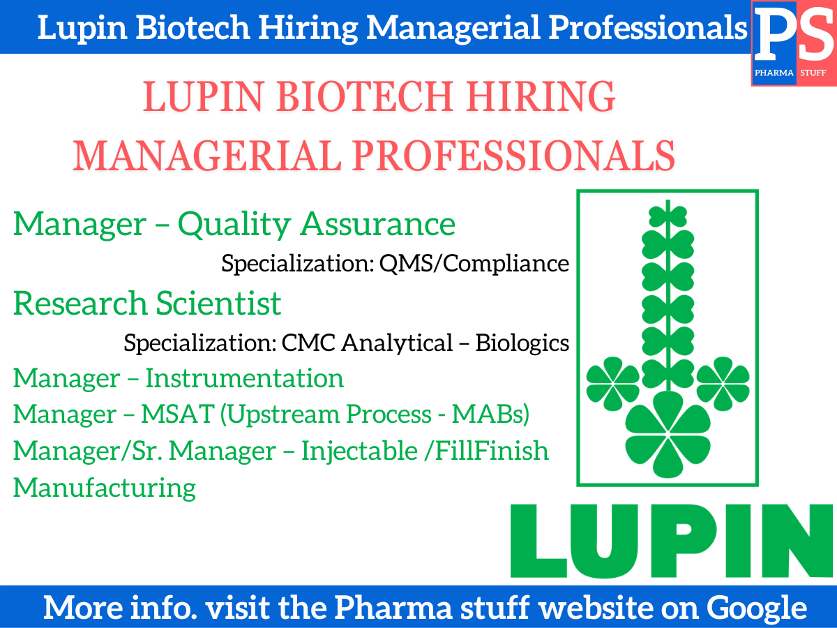  Lupin Biotech Hiring Managerial Professionals