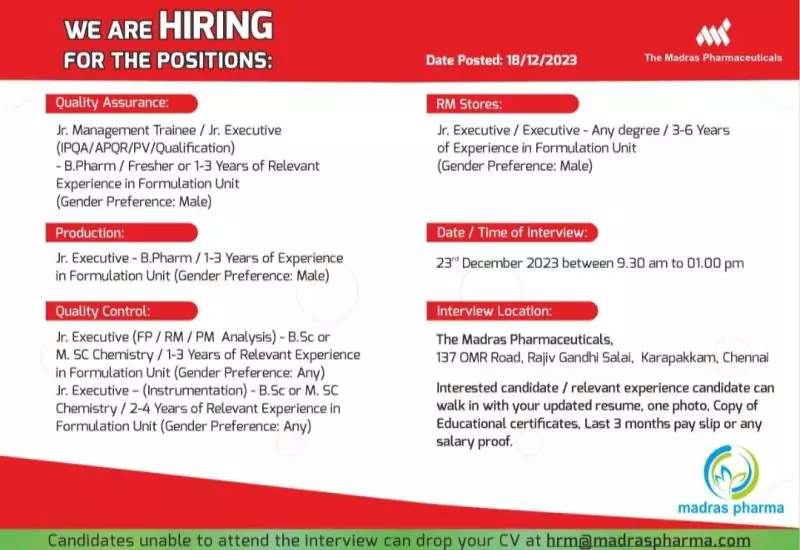 Opportunity at Madras Pharmaceuticals Freshers & Experienced Welcome