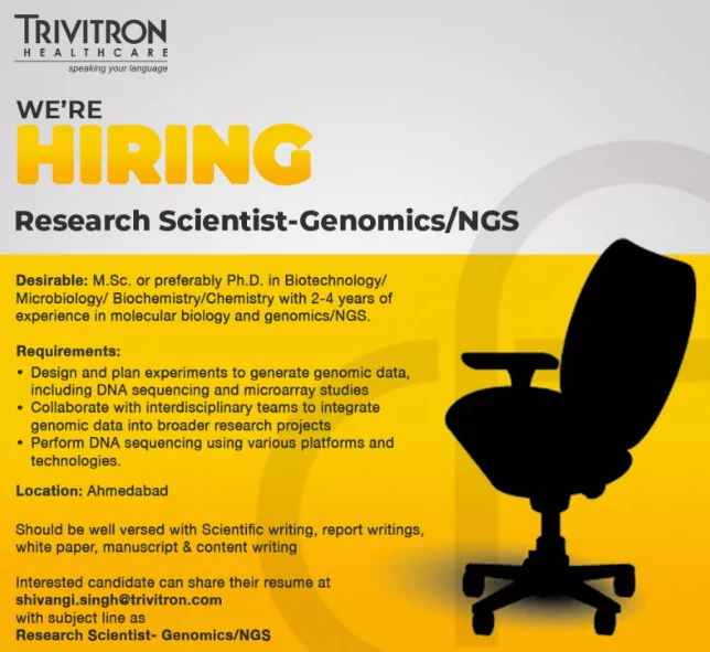 Trivitron Healthcare Hiring Research Scientist - GenomicsNGS Now