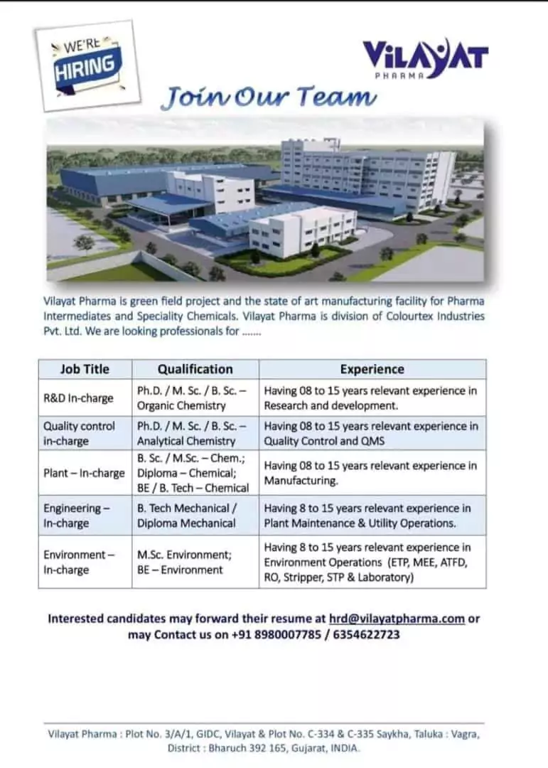 Vilayat Pharma Hiring In-charge in R&D, QC, Engineering and more