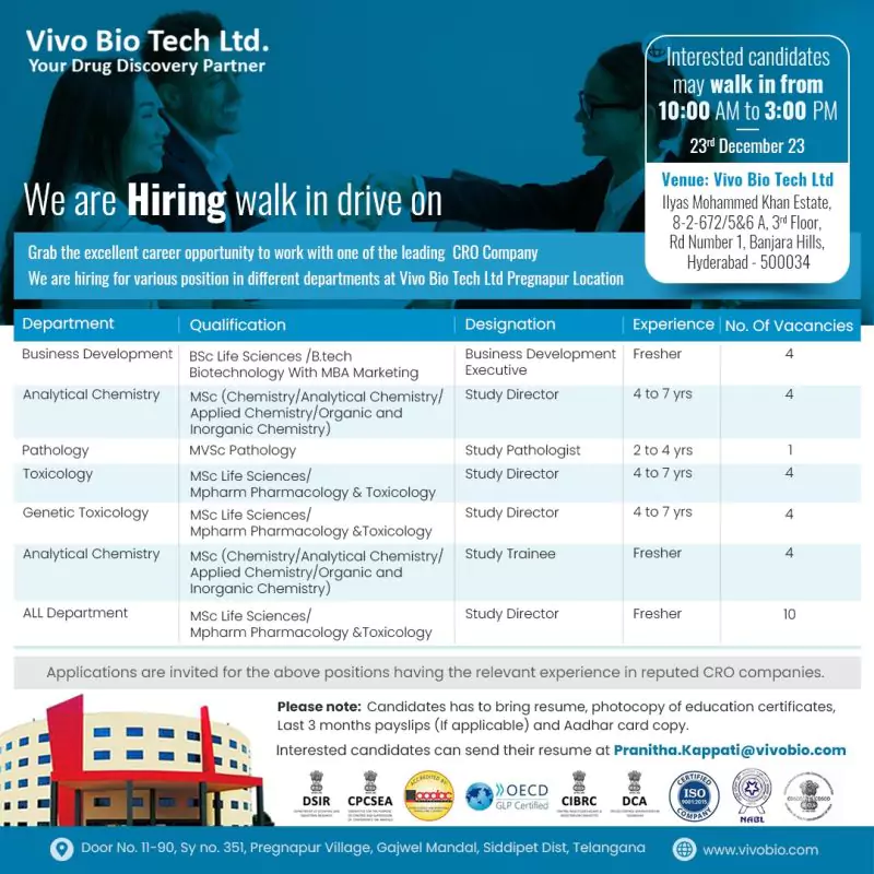 Vivo Bio Tech Job Openings in Hyderabad