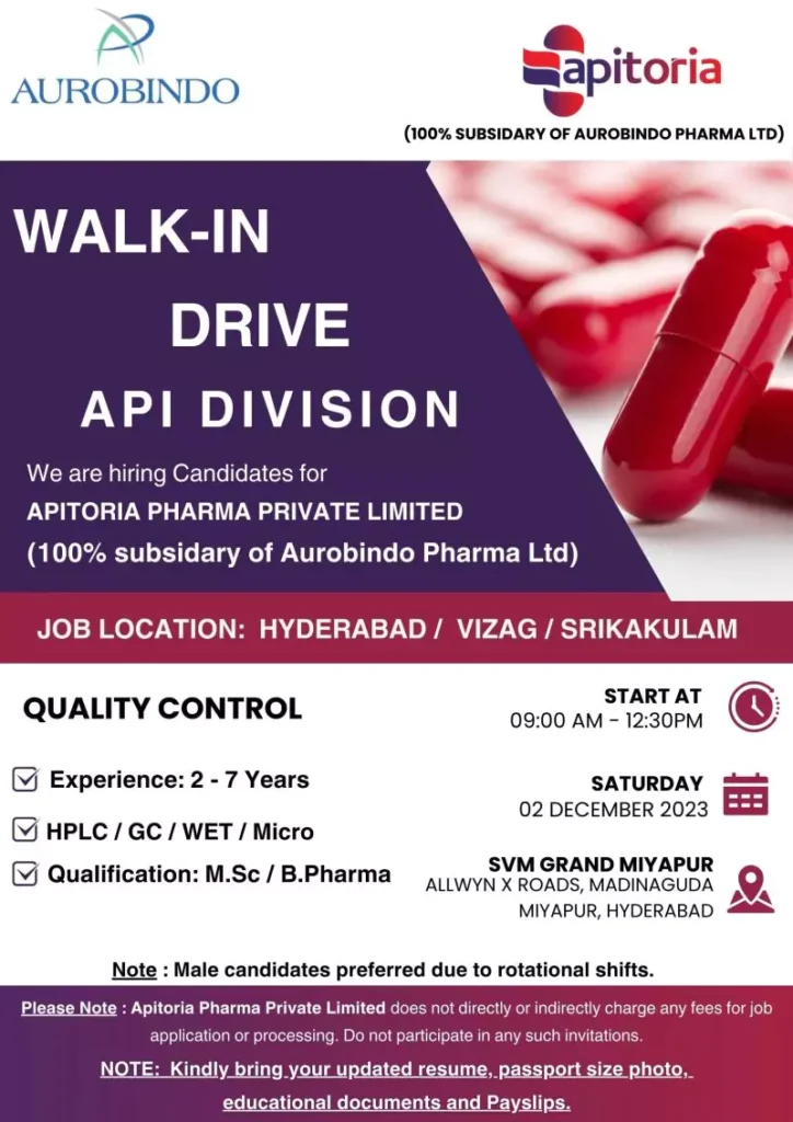 Apitoria Pharma's Quality Control Walk-in Drive in Hyderabad!