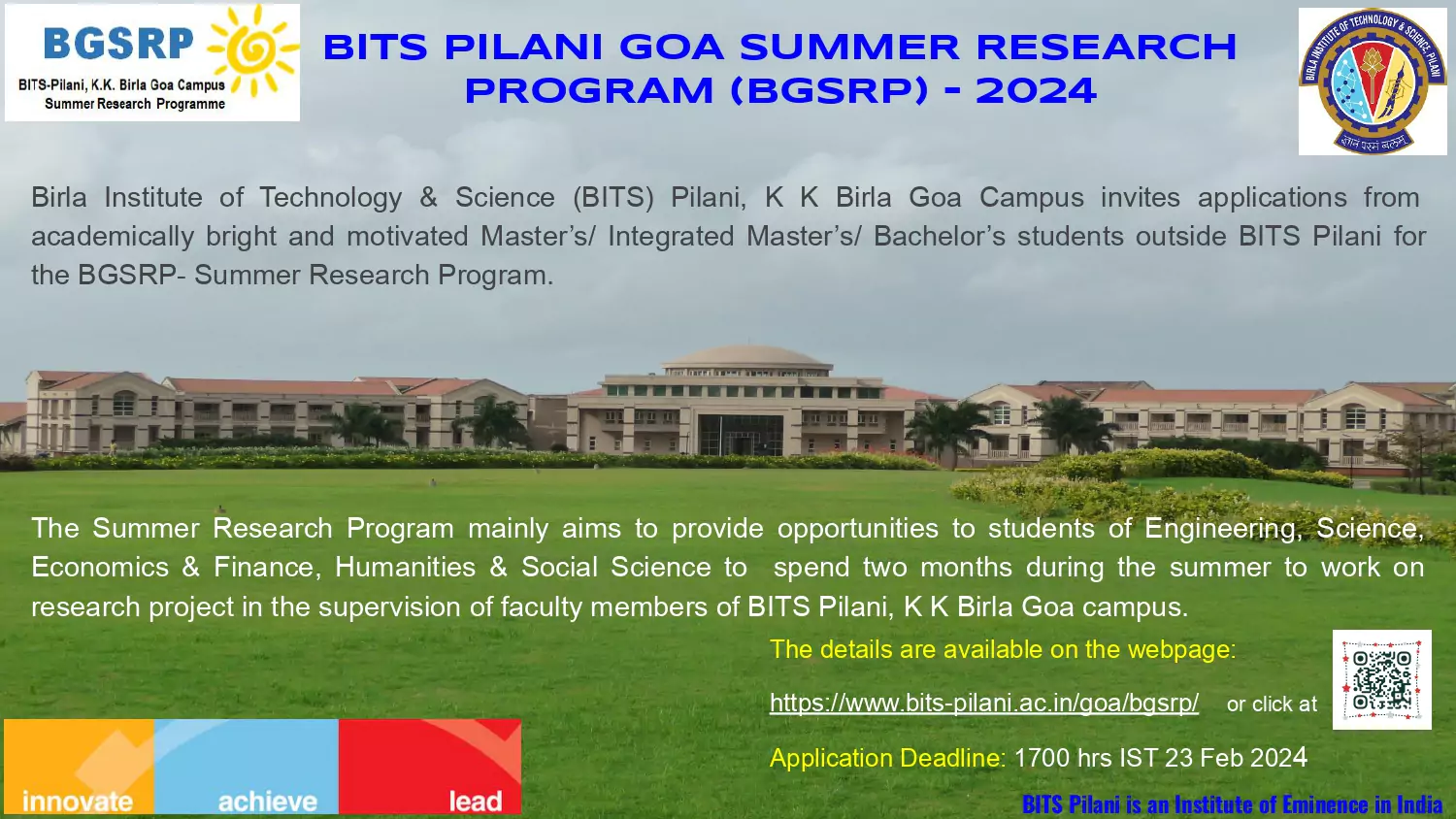 BITS Pilani Goa Summer Research Program (BGSRP) 2024 2 BITS Pilani Goa Summer Research Program (BGSRP) 2024