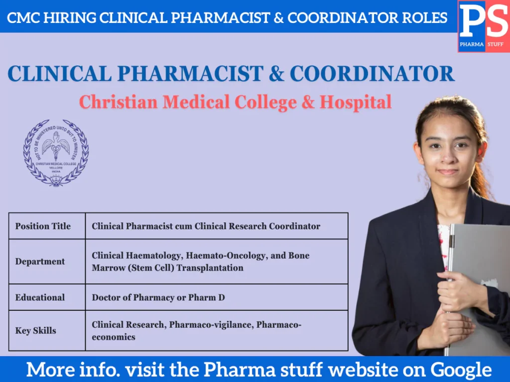Christian Medical College & Hospita hiring Clinical Pharmacist & Clinical Trial Coordinator