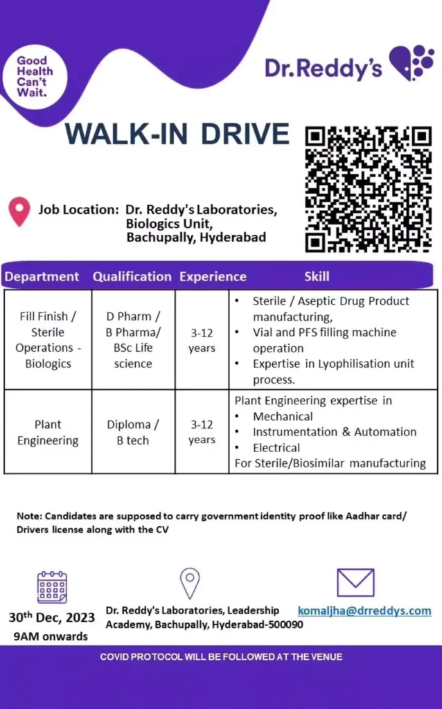 Walk-In Drive at Dr. Reddy's Laboratories, Hyderabad 1 Walk-In Drive at Dr. Reddy's Laboratories, Hyderabad