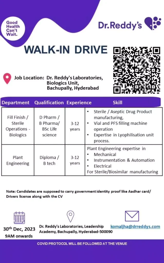 DR Reddys Walk-in Drive in Hyderabad for Biologics Plant Engineering Roles