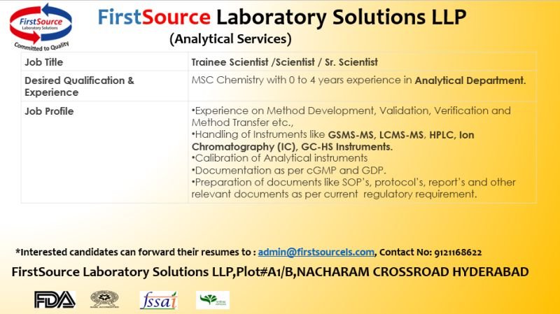 MSc Chemistry vacancy as Trainee Scientist /Scientist / Sr. Scientist ( Analytical) in Hyderabad
