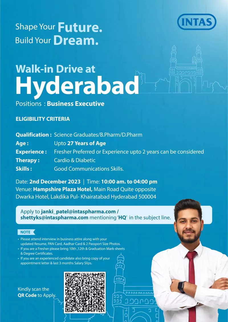  INTAS Walk-in Drive in Hyderabad for Business Executives