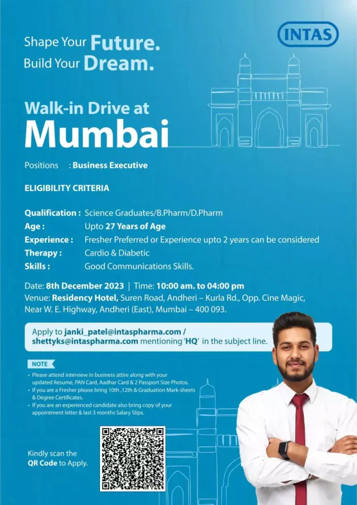 INTAS in Mumbai for an exclusive Walk-in Drive on December 8th, 2023, targeting Science Graduates, B.Pharm, and D.Pharm professionals for the role of Business Executive. Explore eligibility criteria, therapeutic focus, and application details.