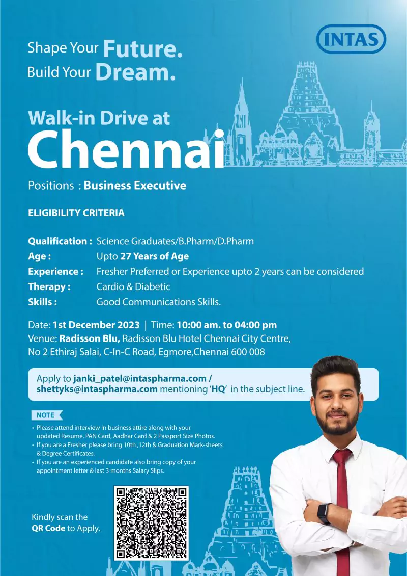 INTAS Walk-in Drive for B.Pharm/D.Pharm/Science Graduates in Chennai as Business Executive
