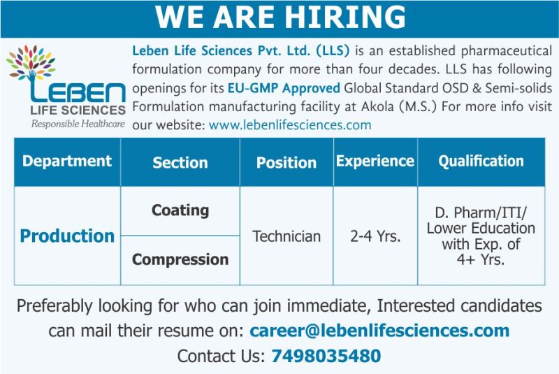 Join Leben Life Sciences as a Production Technician: Apply Now