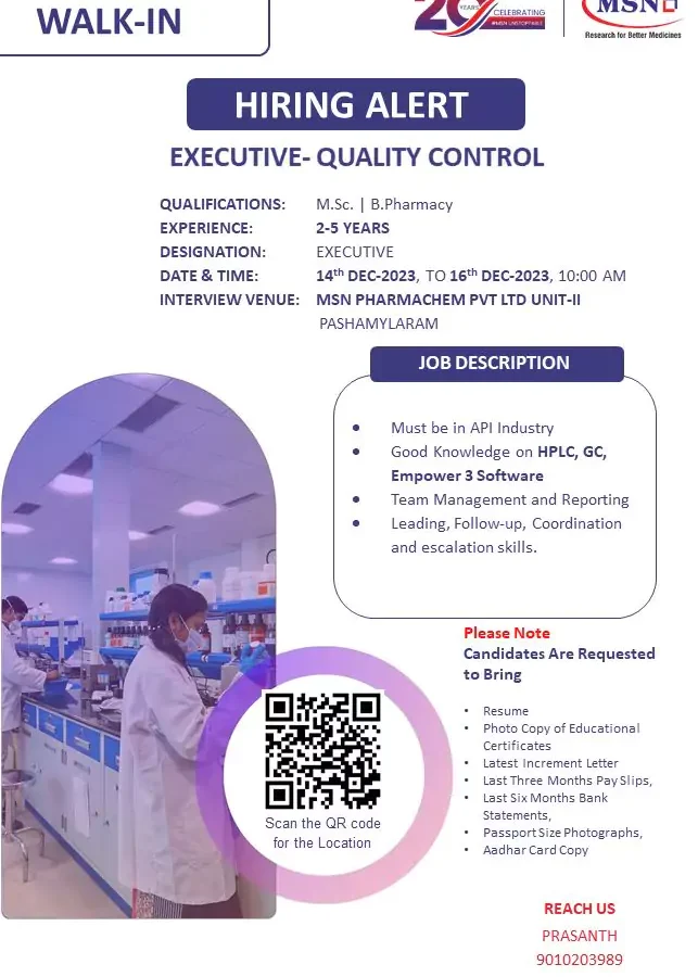 API QC Dream Job: Join MSN Pharmachem's Exclusive Walk-In Event