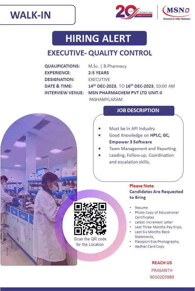 API QC Dream Job: Join MSN Pharmachem's Exclusive Walk-In Event