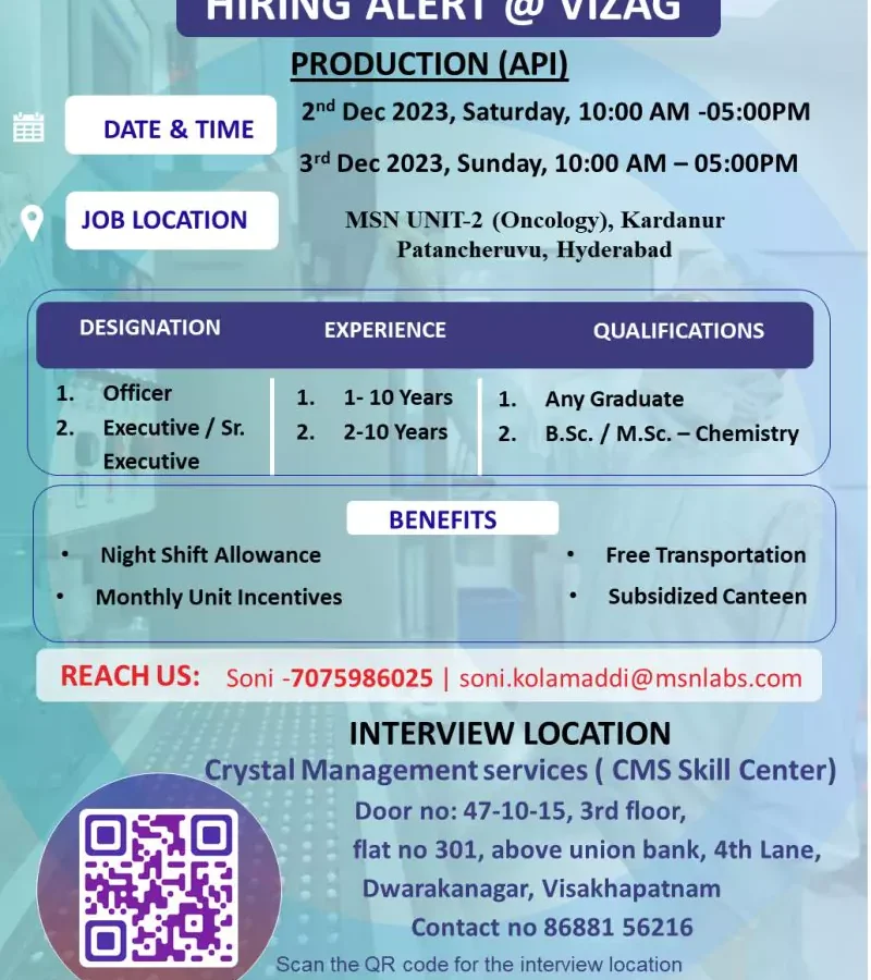 MSN Laboratories Walk-in Drive Vizag: Explore Exciting Opportunities in Pharmaceutical Production