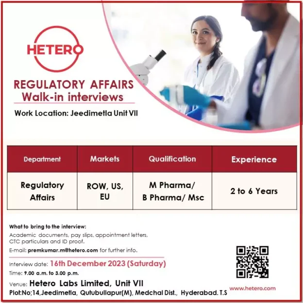 regulatory affairs walk in interview hyderabad