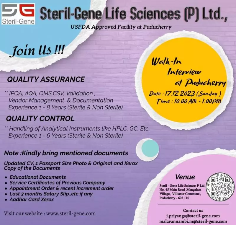 Quality Assurance & Control Jobs at Steril-Gene Life Sciences