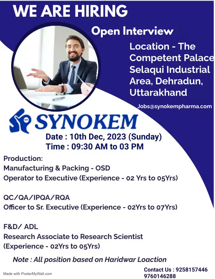 Synokem Pharmaceuticals Open Interview: Production, QC/QA/IPQA/RQA, and F&D/ADL