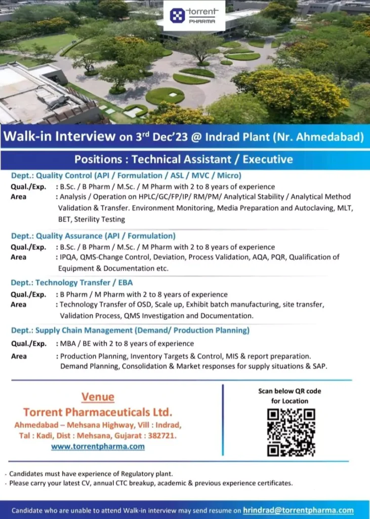 torrent PHARMA Walk-in Interview at Indrad Plant Quality Control, Quality Assurance, Technology Transfer, and Supply Chain Management.