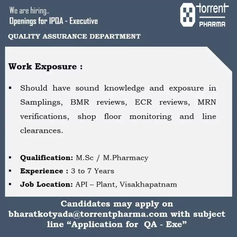 Torrent Pharma Invites Applications: Join as IPQA Executive in Visakhapatnam