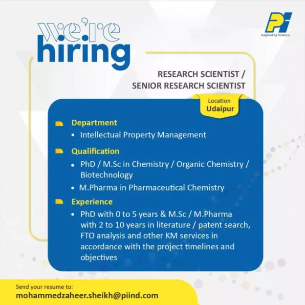 PI Industries Intellectual Property Management Vacancies for MSc, M Pharma (Freshers Welcome)