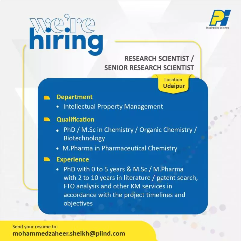 PI Industries Intellectual Property Management Vacancies for MSc, M Pharma (Freshers Welcome)