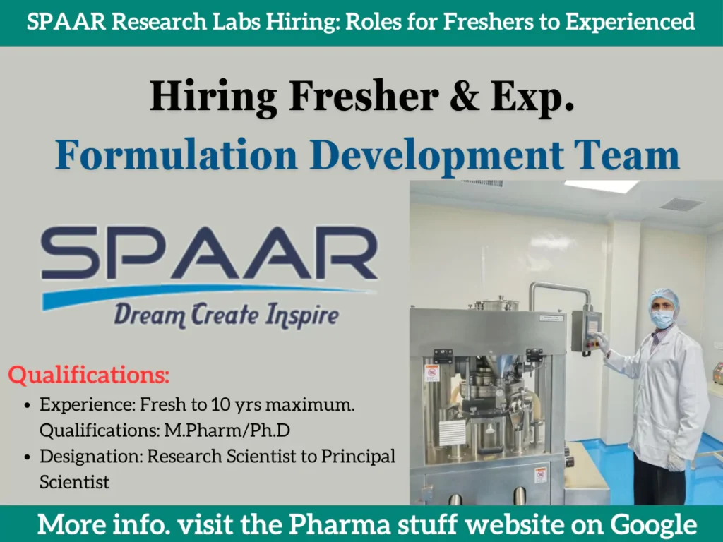 SPAAR Research Labs Hiring Freshers to Experienced for Formulation Development Team