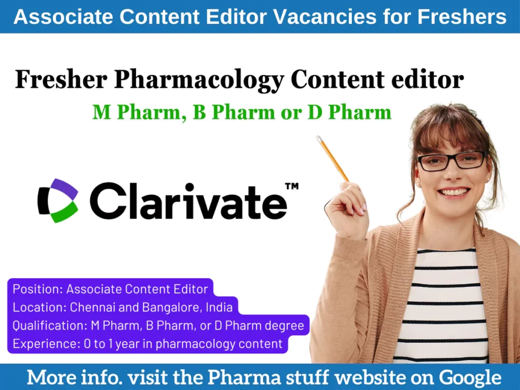Fresher Pharmacology Content editor vacancies for M Pharm, B Pharm or D Pharm Students