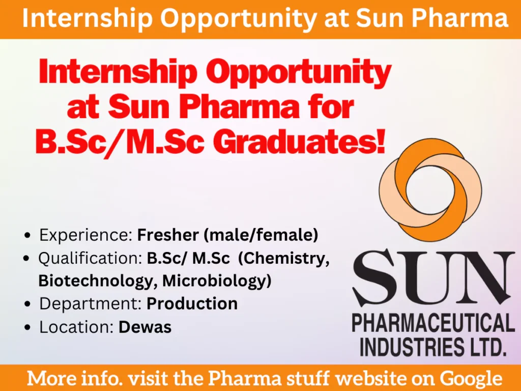 Sun Pharma Internship Opportunity for B.Sc/M.Sc (Chemistry, Biotechnology, Microbiology)