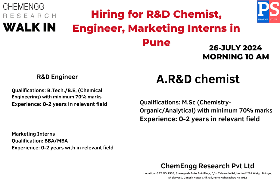 ChemEngg Research Hiring for R&D Chemist, Engineer, Marketing Interns in Pune
