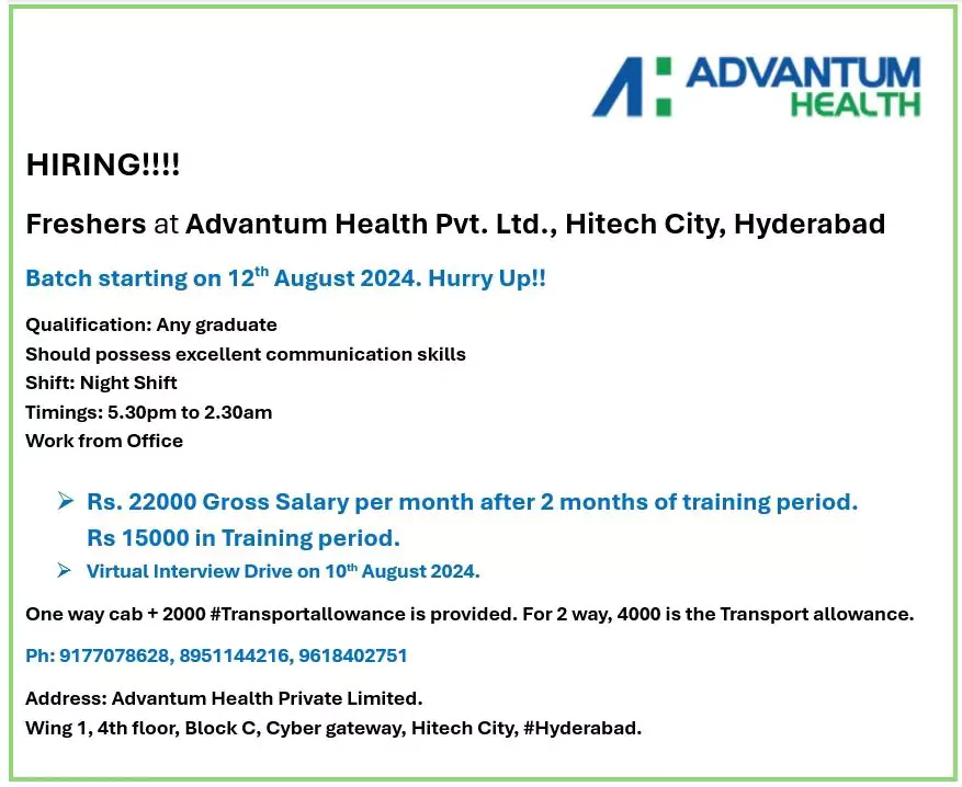 Fresher Hiring at Advantum Health in Hyderabad | Salary: ₹22k