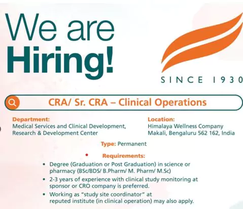 Clinical Research Associate Hiring at Himalaya Wellness Company