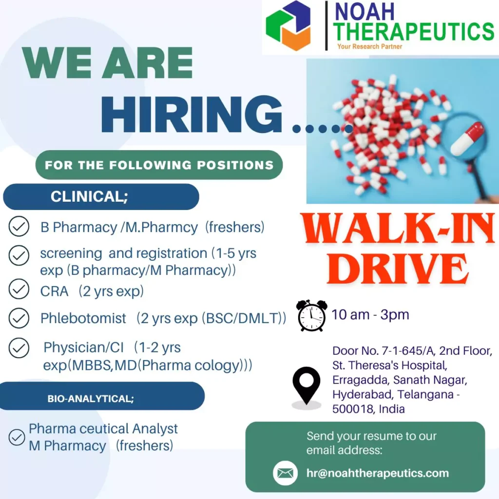 Pharma Fresher Recruitment Drive Hyderabad Noah Therapeutics