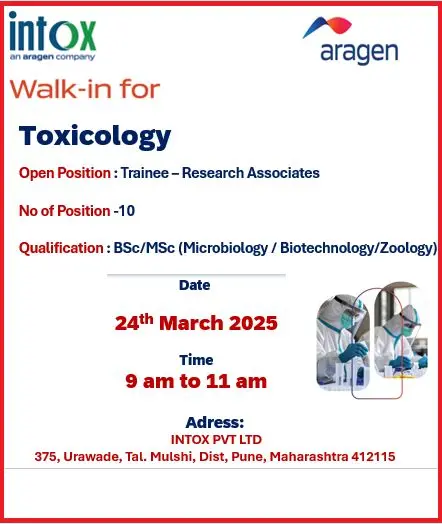 INTOX Pvt. Ltd. (An Aragen Company) Walk-In for Toxicology Research Associate - Pune, Maharashtra