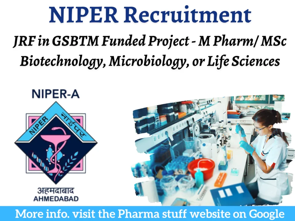 NIPER-Ahmedabad JRF Recruitment | GSBTM Funded Project | M Pharm/ MSc Biotech, Microbiology 1 NIPER-Ahmedabad JRF Recruitment | GSBTM Funded Project | M Pharm/ MSc Biotech, Microbiology