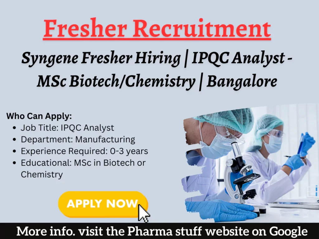 Syngene Fresher Hiring | IPQC Analyst - MSc Biotech/Chemistry | Bangalore