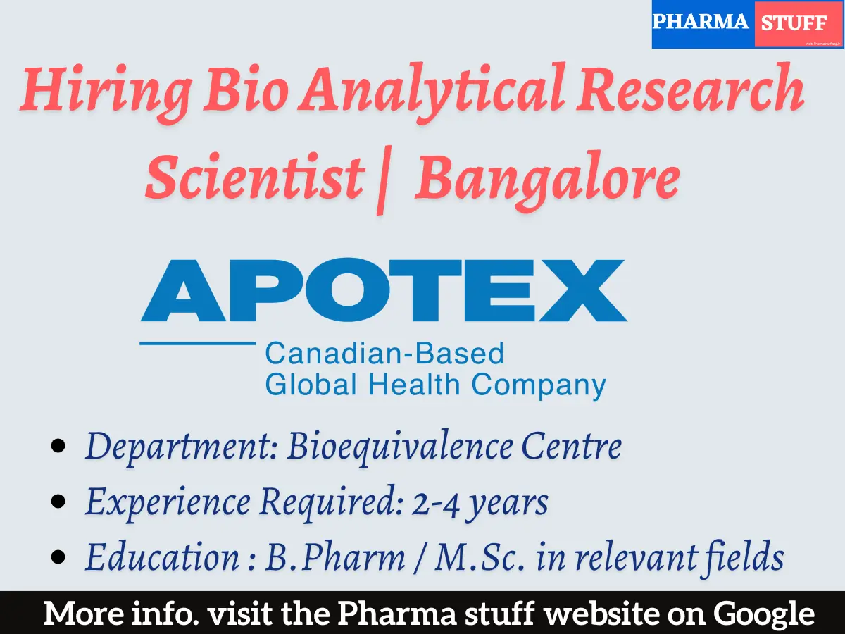 Apotex Hiring Bio Analytical Research Scientist | Apply Now in Bangalore