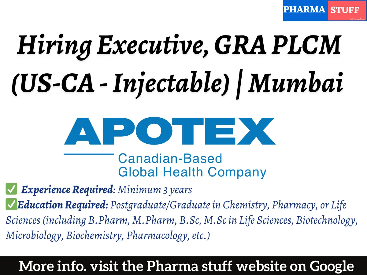 Apotex Hiring Executive, GRA PLCM (US-CA – Injectable) | Mumbai