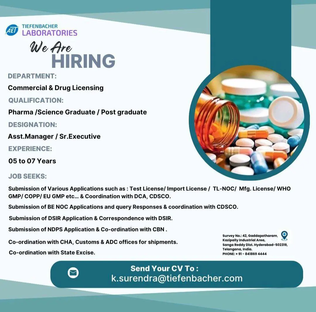 Commercial & Drug Licensing Roles for Pharma Graduates in Hyderabad | Tiefenbacher Laboratories 2 Commercial & Drug Licensing Roles for Pharma Graduates in Hyderabad | Tiefenbacher Laboratories