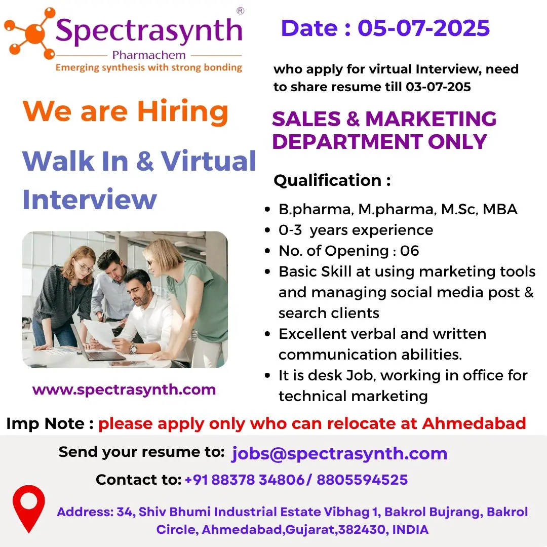 Sales & Marketing Jobs at Spectrasynth Pharmachem, Ahmedabad 2 B.Pharm, M.Pharm, M.Sc, MBA Freshers & Experienced (0–3 Yrs) - Sales & Marketing Jobs at Spectrasynth Pharmachem, Ahmedabad